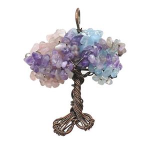 Natural Gemstone Chakra Pendant Tree Of Life Copper Wire Wrapped Antique Red, approx 45-55mm [GM21930]
