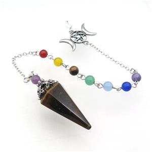 Natural Tiger Eye Stone Pendulum Pendant With Gemstone Chakra Chain Platinum Plated, approx 18-35mm, 6mm, 18cm length [GM21987]