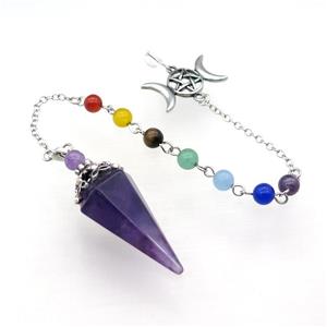 Natural Purple Amethyst Pendulum Pendant With Gemstone Chakra Chain Platinum Plated, approx 18-35mm, 6mm, 18cm length [GM21989]