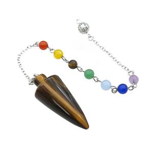Natural Tiger Eye Stone Pendulum Pendant With Gemstone Chakra Chain Platinum Plated, approx 18-42mm, 6mm, 16cm length [GM22000]