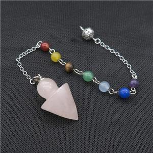 Natural Pink Rose Quartz Pendulum Pendant With Gemstone Chakra Chain Platinum Plated, approx 20-30mm, 6mm, 16cm length [GM22004]