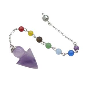 Natural Purple Amethyst Pendulum Pendant With Gemstone Chakra Chain Platinum Plated, approx 20-30mm, 6mm, 16cm length [GM22011]