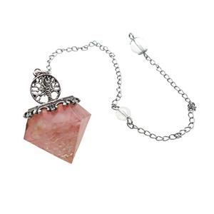 Rose Quartz Chips Dowsing Diamond Shape Pendulum Pendant Tree Of Life Copper Chain Platinum Plated, approx 30mm, 20cm length [GM22014]