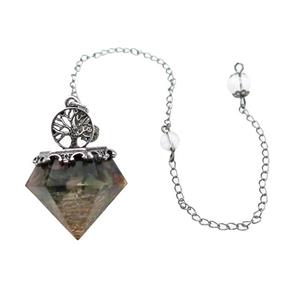 Multicolor Tourmaline Chip Dowsing Diamond Shape Pendulum Pendant Tree Of Life Copper Chain Platinum, approx 30mm, 20cm length [GM22017]