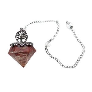 Red Jasper Chips Dowsing Diamond Shape Pendulum Pendant Tree Of Life Copper Chain Platinum Plated, approx 30mm, 20cm length [GM22018]