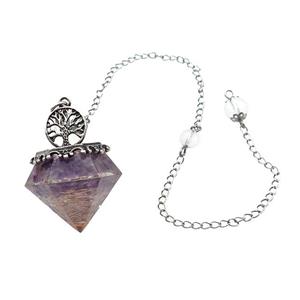 Purple Amethyst Chips Dowsing Diamond Shape Pendulum Pendant Tree Of Life Copper Chain Platinum Plat, approx 30mm, 20cm length [GM22022]