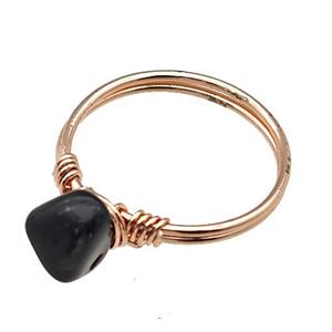 Copper Rings With Black Obsidian Wire Wrapped Rose Gold, approx 6-8mm, 18mm dia [GM22058]