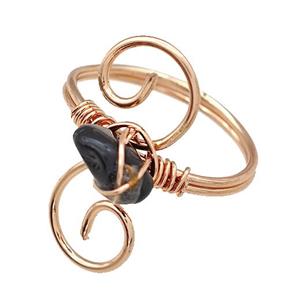 Copper Rings With Black Obsidian Wire Wrapped Rose Gold, approx 6-8mm, 18mm dia [GM22087]