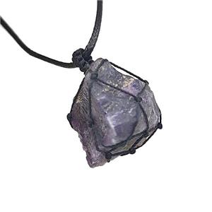 Natural Purple Amethyst Necklaces Waxed Fabric Adjustable Wire Wrapped, approx 30-40mm [GM22115]