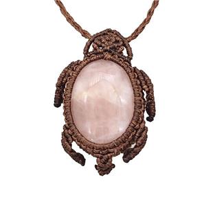 Natural Pink Rose Quartz Necklace Tortoise Waxed Fabric Rose Brown, approx 25-30mm [GM22134]