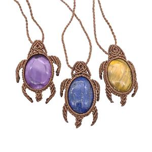 Natural Gemstone Necklace Tortoise Waxed Fabric Rose Brown Mixed, approx 25-30mm [GM22141]