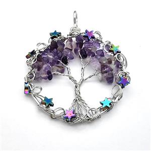 Purple Amethyst Chips Pendant Tree Of Life Copper Wire Wrapped Platinum Plated, approx 50mm [GM22148]