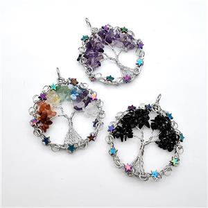 Gemstone Chips Pendant Tree Of Life Copper Wire Wrapped Platinum Plated Mixed, approx 50mm [GM22150]