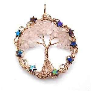 Pink Rose Quartz Chips Pendant Tree Of Life Copper Wire Wrapped Rose Gold, approx 50mm [GM22152]