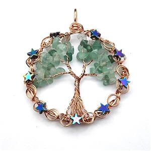 Green Aventurine Chips Pendant Tree Of Life Copper Wire Wrapped Rose Gold, approx 50mm [GM22153]