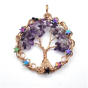 Purple Amethyst Chips Pendant Tree Of Life Copper Wire Wrapped Rose Gold, approx 50mm [GM22154]