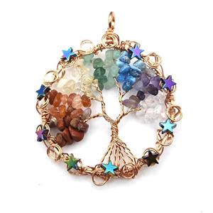Mixed Gemstone Chips Pendant Chakra Tree Of Life Copper Wire Wrapped Rose Gold, approx 50mm [GM22155]