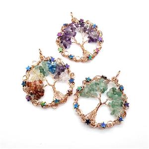 Gemstone Chips Pendant Tree Of Life Copper Wire Wrapped Rose Gold Mixed, approx 50mm [GM22156]