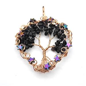 Black Obsidan Chips Pendant Tree Of Life Copper Wire Wrapped Rose Gold, approx 50mm [GM22157]