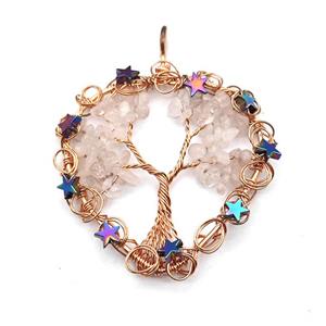 Pink Rose Quartz Chips Pendant Tree Of Life Copper Wire Wrapped Rose Gold, approx 50mm [GM22158]