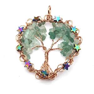 Green Aventurine Chips Pendant Tree Of Life Copper Wire Wrapped Rose Gold, approx 50mm [GM22159]