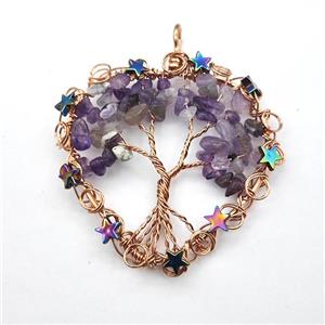 Purple Amethyst Chips Pendant Tree Of Life Copper Wire Wrapped Rose Gold, approx 50mm [GM22160]