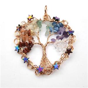 Gemstone Chakra Chips Pendant Tree Of Life Copper Wire Wrapped Rose Gold, approx 50mm [GM22161]