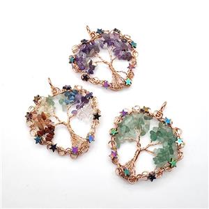 Gemstone Chips Pendant Tree Of Life Copper Wire Wrapped Rose Gold Mixed, approx 50mm [GM22162]
