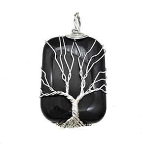 Black Obsidian Rectangle Pendant Tree Of Life Copper Wire Wrapped Platinum, approx 25-35mm [GM22164]