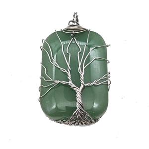 Green Aventurine Rectangle Pendant Tree Of Life Copper Wire Wrapped Platinum, approx 25-35mm [GM22165]