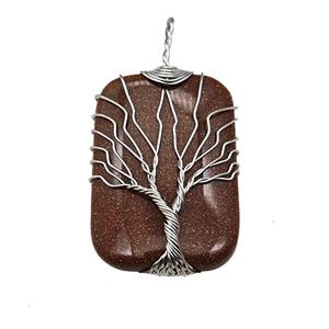 Gold Sandstone Rectangle Pendant Tree Of Life Copper Wire Wrapped Platinum, approx 25-35mm [GM22167]