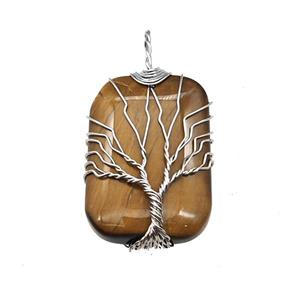 Tiger Eye Stone Rectangle Pendant Tree Of Life Copper Wire Wrapped Platinum, approx 25-35mm [GM22168]
