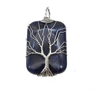 Blue Sodalite Rectangle Pendant Tree Of Life Copper Wire Wrapped Platinum, approx 25-35mm [GM22170]