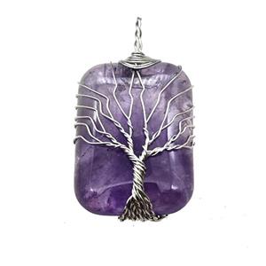 Purple Amethyst Rectangle Pendant Tree Of Life Copper Wire Wrapped Platinum, approx 25-35mm [GM22171]