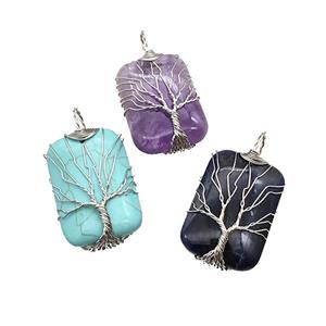 Gemstone Rectangle Pendant Tree Of Life Copper Wire Wrapped Platinum Mixed, approx 25-35mm [GM22173]