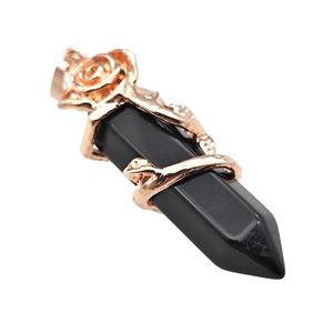 Black Obsidian Prism Pendant Cone Alloy Flower Wrapped Rose Gold, approx 10-40mm [GM22177]