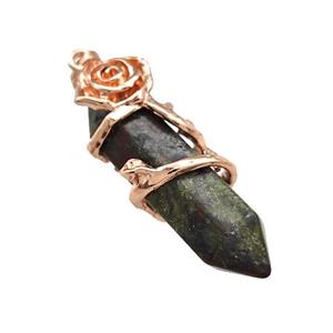 Green Bloodstone Prism Pendant Cone Alloy Flower Wrapped Rose Gold, approx 10-40mm [GM22182]