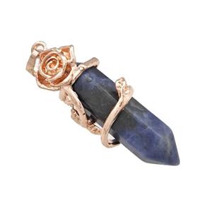 Natural Blue Sodalite Prism Pendant Cone Alloy Flower Wrapped Rose Gold, approx 10-40mm [GM22184]
