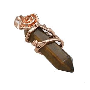 Natural Tiger Eye Stone Prism Pendant Cone Alloy Flower Wrapped Rose Gold, approx 10-40mm [GM22186]
