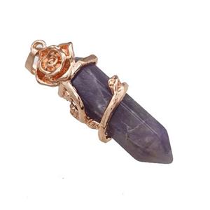Natural Purple Amethyst Prism Pendant Cone Alloy Flower Wrapped Rose Gold, approx 10-40mm [GM22187]