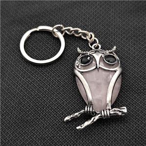 Owl Charms Keychain With Rose Quartz Alloy Platinum Plated, approx 26-40mm, 25mm [GM22198]