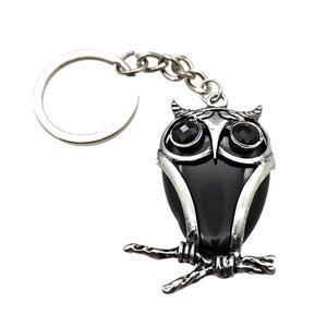Owl Charms Keychain With Black Obsidian Alloy Platinum Plated, approx 26-40mm, 25mm [GM22199]