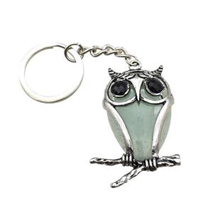 Owl Charms Keychain With Green Aventurine Alloy Platinum Plated, approx 26-40mm, 25mm [GM22200]