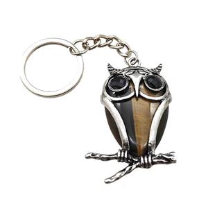 Owl Charms Keychain With Tiger Eye Stone Alloy Platinum Plated, approx 26-40mm, 25mm [GM22202]