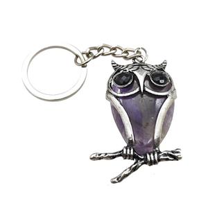 Owl Charms Keychain With Amethyst Alloy Platinum Plated, approx 26-40mm, 25mm [GM22204]