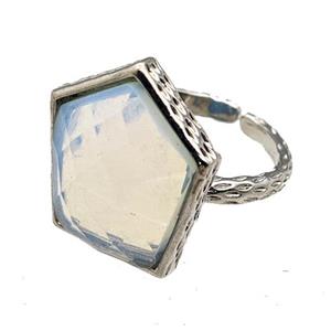 White Opalite Pentagon Rings Copper Shield Adjustable Platinum Plated, approx 18-20mm, 18mm dia [GM22216]