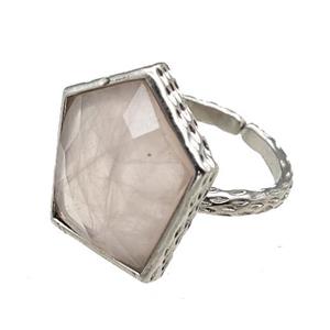 Rose Quartz Pentagon Rings Copper Shield Adjustable Platinum Plated, approx 18-20mm, 18mm dia [GM22217]