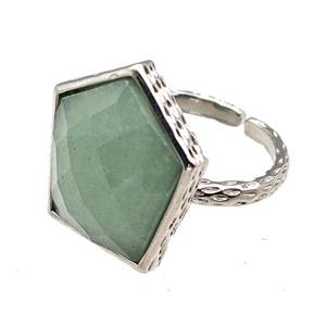 Green Aventurine Pentagon Rings Copper Shield Adjustable Platinum Plated, approx 18-20mm, 18mm dia [GM22219]