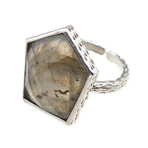 Labradorite Pentagon Rings Copper Shield Adjustable Platinum Plated, approx 18-20mm, 18mm dia [GM22220]