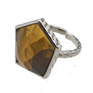 Tiger Eye Stone Pentagon Rings Copper Shield Adjustable Platinum Plated, approx 18-20mm, 18mm dia [GM22221]
